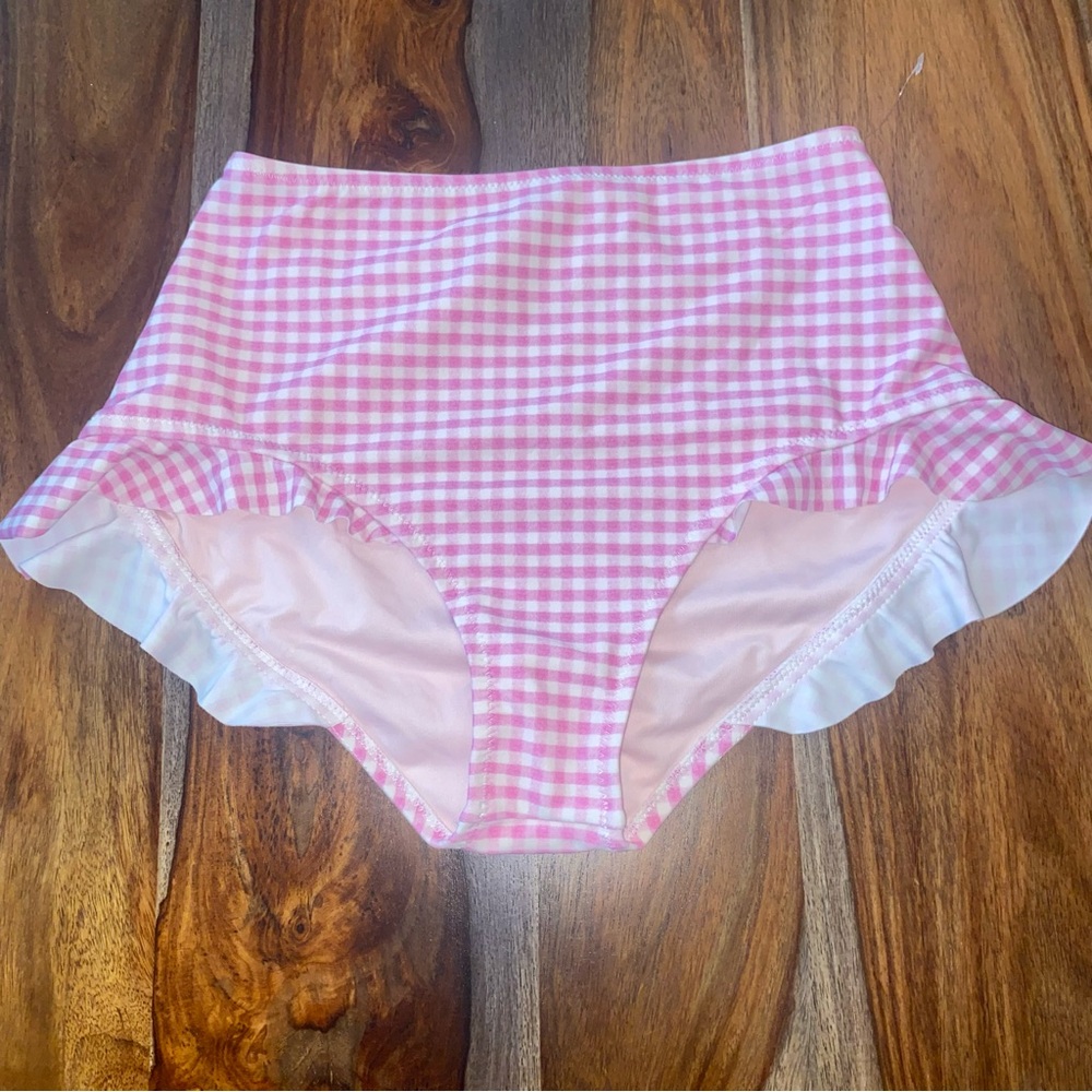 NWT Wildfox Highwaisted Pink Gingham Bikini Bottom High Rise Ruffled Leg Picnic